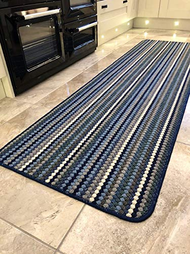 Jollys NEW BLUE NAVY GREY CREAM COLOURED MODERN WASHABLE NON SLIP KITCHEN UTILITY HALL LONG RUNNER DOOR MAT RUG (7 (67X120CM)