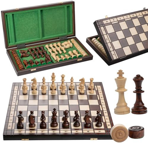 Master of Chess Professional Tournament Nr. 5 Schach- und Damenspiel aus Holz, Deluxe-Schachspiel mit großen Metallteilen und Nebel für Kinder und Erwachsene