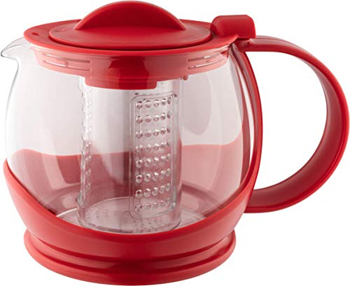 Café Olé 1.2L Théière avec infuseur pour les feuilles de thé avec soupape de fermeture et mécanisme de verrouillage – corps et poignée en plastique sans bpa et verre, rouge