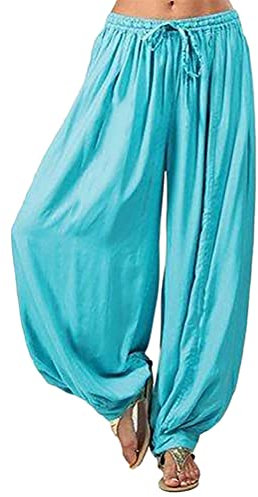 Minetom Damen Pumphose Haremshose Yoga Hose Leichte Sommerhose Sporthose Yogahose Locker Baggy Strandhose Pluderhose Freizeithose Blau 3XL