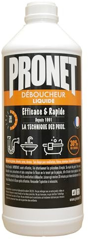 PRONET - Déboucheur Canalisations Liquide puissant - Soude à 30% - Action rapide 30min - Tous types de canalisations - Idéal eau stagnante et écoulement difficile - Compatible fosse septique - 1 L