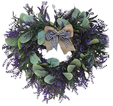 KHBNHJ 42 CM Artificial Lavender Heart Shaped Silk Lavender Flower Wreath with Bow & Green Leaves Spring Summer Wreath for All Seasons Front Door Wall Home Party Decor