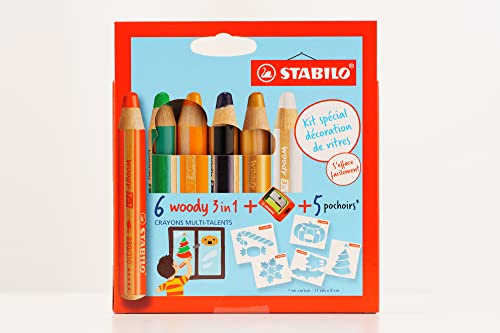 Färgpenna, vattenfärg och vaxkrita – Stabilo Woody 3 i 1 – 6-pack med pennvässare 5 stenciler – med 6 olika färger