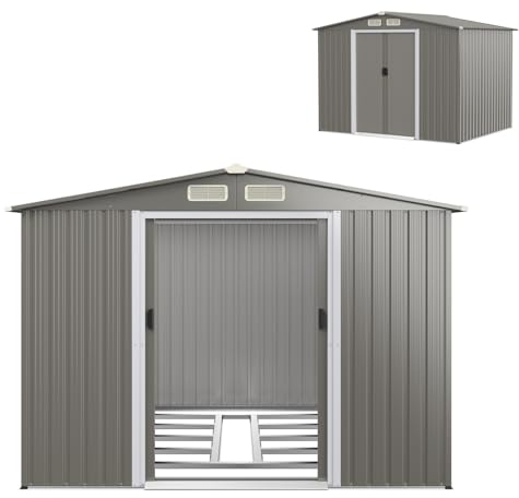 RELAX4LIFE Gerätehaus Metall, Gartenhaus mit Fundament & Satteldach, Geräteschuppen mit 2 Schiebetüren & 4 Lüftungsfenstern, Garten Schuppen Outdoor, 260 x 207 x 181 cm (Grau)