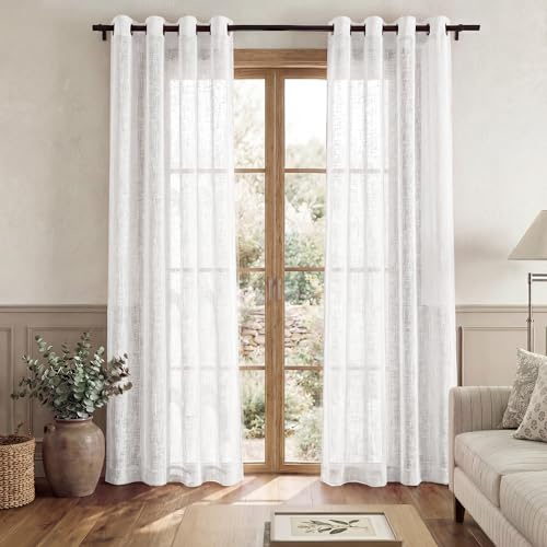 PONY DANCE Linen Look Voile Curtains 90 Drop Pair - White Window Net Curtains for Living Room/Bedroom/Patio Door, Elegant Sheer Panels with Eyelet Top, Set of 2, 46 x 90 inches