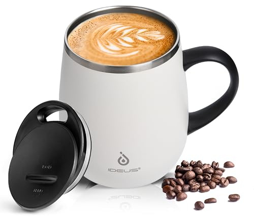 Ideus Kaffeebecher 470 ml (16 oz), doppelwandige vakuumisolierte Kaffee- und Teetasse aus Edelstahl mit rutschfestem Griff und Schiebemoduldeckel und großem Volumen (Weiß)