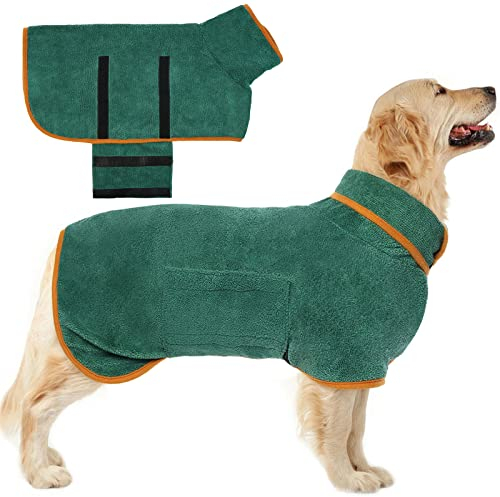 Kuoser Hundebademantel, Mikrofaser Hunde Bademantel Badetuch, Bademantel Hund Extra Saugfähig, Einstellbar Hundehandtuch mit Klettverschluss, Grün HundeBademantel für Große Hunde