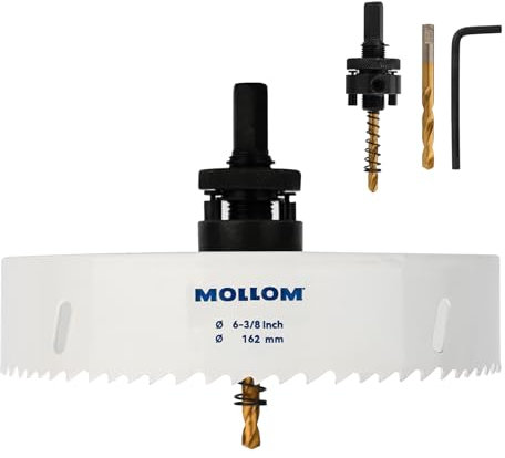 MOLLOM (162mm | 6-3/8) Scie-cloche bimétal HSS M42 avec 8% de cobalt avec 2 forets pilotes et mandrin, coupe lisse pour PVC, plaque de plâtre, bois, plastique, plaque de plâtre, caoutchouc