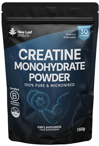 Creatine Monohydrate Powder 100% Pure Micronized Creatine - 150g Increased Absorption & Mixing, Creatine Powder for Physical Performance + Scoop Pre Post Workout Gym Supplements UK Made by New Leaf