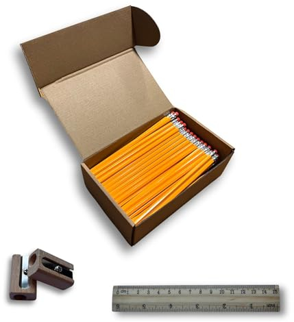 Generisch 100 Holzgefasste Bleistifte HB inklusive 2 Spitzer und 1 Lineal aus Bambus, günstig, preiswert, ideal für Einsteiger und Kinder mit Radiergummi, ungespitzt, gelb