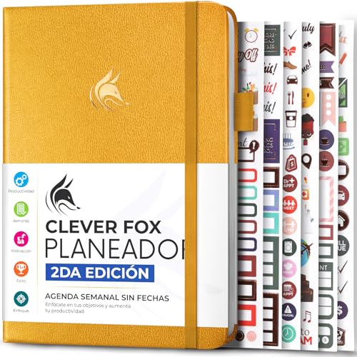 Clever Fox Planner 2 Edición en Español - Colorida Agenda de Objetivos Semanales y Mensuales, Organizadora de Tiempo, Sin Fecha A5 (Amarillo ámbar)