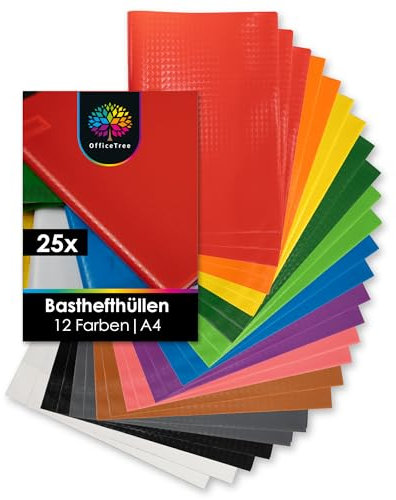 OfficeTree 25x Heftumschläge A4 Bunt - 12 Farben - Bastoptik - Hefthüllen A4 Bunt inkl. 25 Etiketten - Schutz Umschläge Heft für Schule & Büro - Hefteinband wasserabweisend - Heft Umschlag