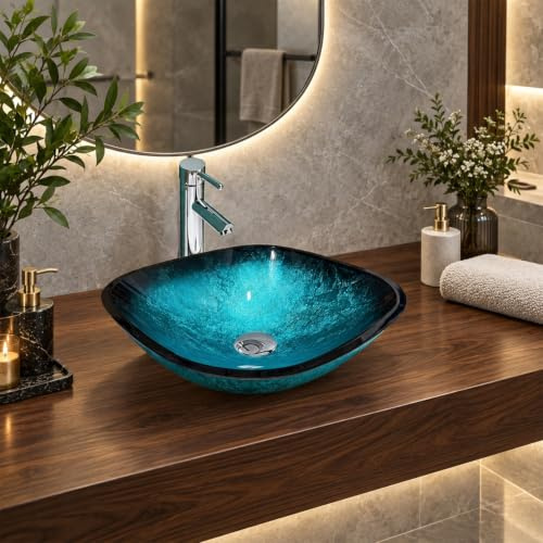BELOFAY Bathroom Sink – 12mm Thick Tempered Glass Countertop Basin (Blue) | Sink Basin with Mounting Ring, 12mm thick Tempered Glass, Wash basin for Bathroom Vanity or Ensuite, 42D x 42W x 14H cm