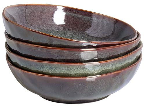 Set med 4 Djupa Tallrikar Pastaskål Stengods Kaolin Handgjord Reaktiv Glasyr Finish Mörkgrön Thyme