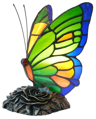Lampe de chevet Style Tiffany Papillon Bleu Vert Lampe de chevet Petite lampe en verre teinté pour la maison et le bureau