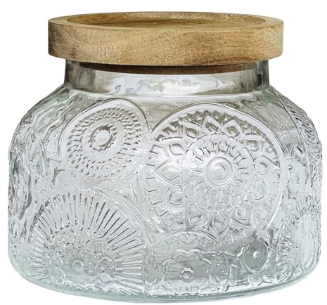 Tarro de vidrio decorativo con tapa de madera hermética de 40 onzas, recipiente de almacenamiento de alimentos de cocina vintage en relieve de flores para galletas, caramelos, miel, harina, especias