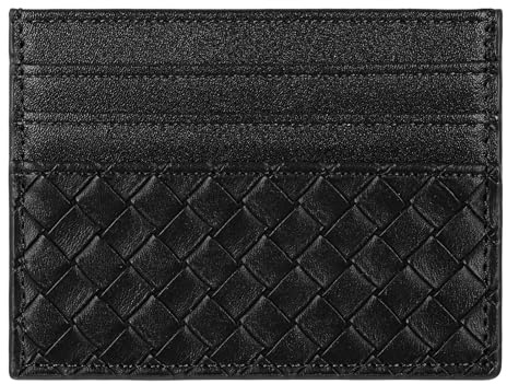 Neyauo Minimalist Wallet 6 Card Slots Leather Card Holder Hand-Woven Credit Card Wallet Italian Card Case for Men and Women(Black)