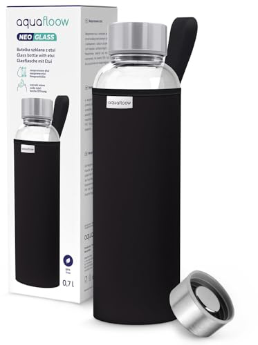 Aquafloow Borraccia con Custodia 700 ml, in Vetro borraccia acqua Borosilicato Trasparente con Coperchio Protettivo e Tappo a Vite, Ideale per Lavoro, Scuola, Fitnes – Noir