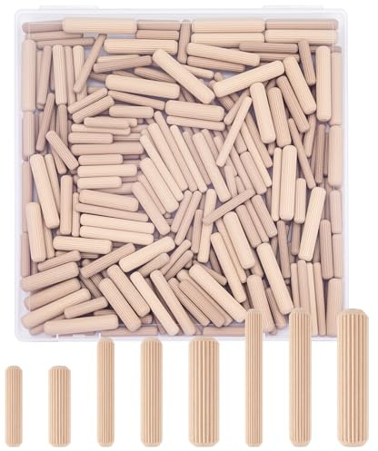 WISYOK 300Pcs Wooden Dowels in 8 Sizes, 1/4, 5/16, 3/8 inch Fluted Wood Dowels Pins, Hardwood Pegs for Woodworking, DIY, Crafts,Table Legs, Wooden Frames, Bookshelves
