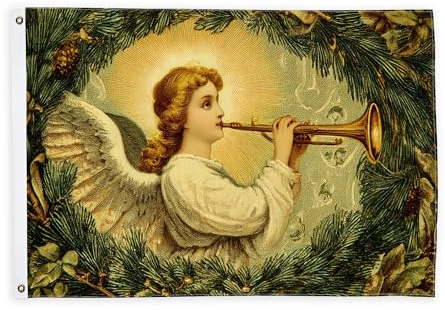 Bandiere con angelo per esterni, bandiere decorative natalizie vintage in pino a tromba, oro, resistenti allo sbiadimento, decorazione per giardino, ingresso, casa, patio, campeggio, 6 x 0,9 m