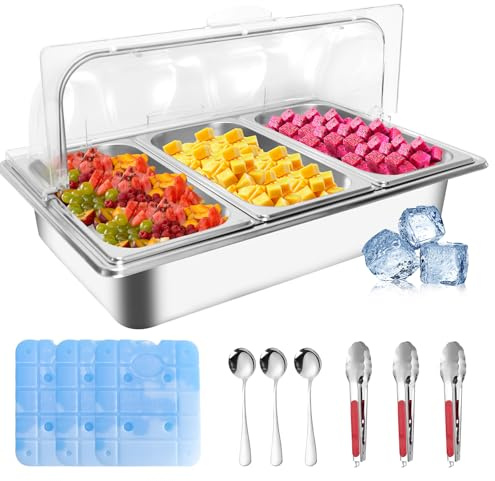 Countertop Ice Food Serving Display Tray with 3 Pan, Portable Salad Bar Buffet Station for Home, Cold Food Buffet Server, Pizza Topping Station, Cold Buffet Table Serving Station for Party