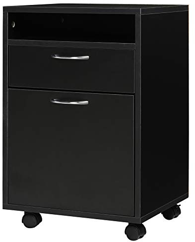 HOMCOM Schedario da Ufficio con Cassetto e Ruote a Freno, Nero | con Armadietto e Ripiano Aperto, Cassettiera Ufficio per Lettera/Legale/Formato A4, Armadio Verticale per Studio, 40x35x60 cm