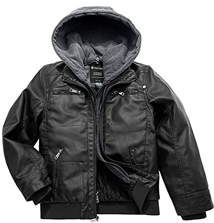 Wantdo Boy's Waterproof Leather Jacket Windproof Winter Coat Custome Hoodie Black light 10/12