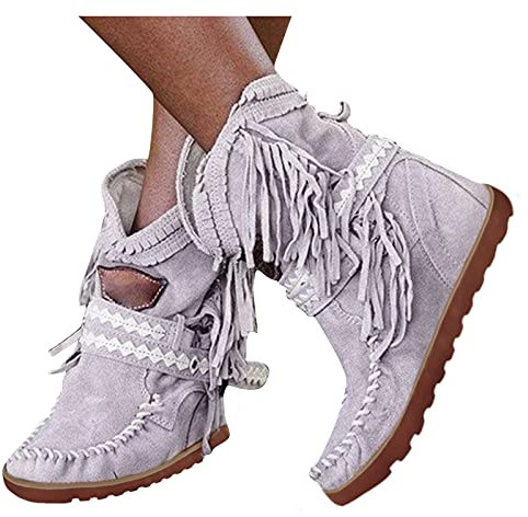 Binggong Stiefeletten Damen Flache Knöchelstiefel mit Fransen Ankle Boots Retro Herbst Winter Schuhe Wildleder Stiefeletten Halbhoch Stiefel Schlupfstiefel Elegant Plateau Fransenstiefel