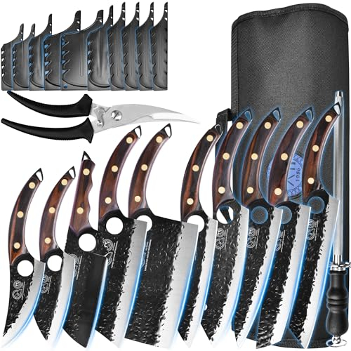 XYJ Autentico 1986, Set di coltelli da cucina 10 pezzi con borsa, forbici, acciaio per smerigliatura, set di coltelli da macellaio forgiato, tang pieno, acciaio ad alto tenore di carbonio