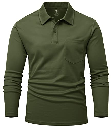 Rdruko Mens Long Sleeve Golf Polo Shirts with Chest Pocket | Button Neck Polos Breathable Quick Dry Smart Casual Tops Outdoor Stretch Fit Work Hiking Camping Tennis T Shirt