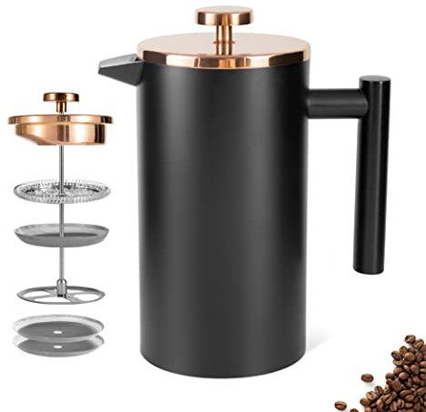 Meelio Kaffeebereiter aus Edelstahl, 1500 ml, schwarz, doppelwandig, isoliert, große französische Kaffeepresse für Reisen, Camping, großes Fassungsvermögen (1,4 l, Schwarz)