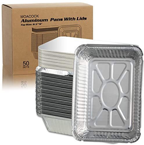 MOACOCK 50 Pack Aluminum Pans with Lids(8.5×6), 2.25lb Foil Pans with Board Lids, Disposable Take Out Food Containers, Foil Pans for Meal Prep Freezer Cooking Baking