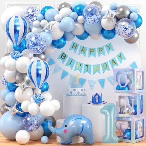 Vamei 1.Geburtstag Jungen Baby Shower Deko Box 104 Stück Blau Elefant Luftballons Girlande Baby Box ONE Ballonbox 1. Geburtstag Luftballons Kindergeburtstag Gender Reveal Babyparty Dekoration Junge