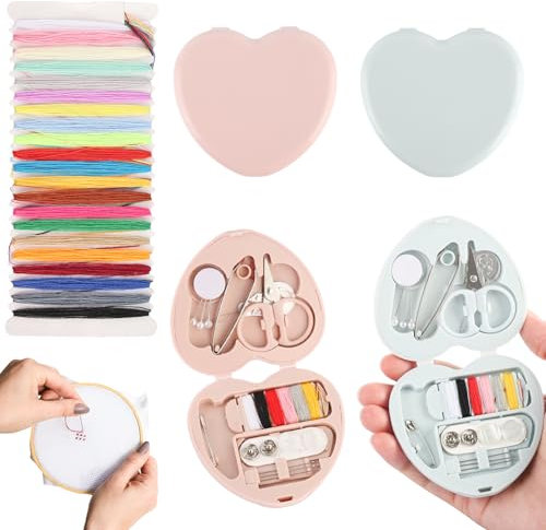 Kayqbonke 2 Teiliges Nähset Reise Mini, Nähset Grundausstattung mit 21 Farbigen Fäden, Sewing Kit mit Herzförmigem Faltbarem Koffer, Mini Nähprojekt Set für Reisende, Anfänger, DIY und Zuhause