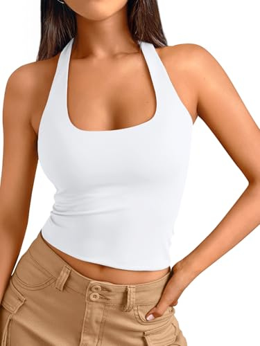 Trendy Queen Halter Tops for Women 2026 Spring Fashion Summer Going Out Tops Backless Crop Sleeveless Workout Shirts Beach Vacation Outfits Casual Cute Y2k Clothes White