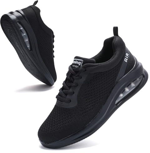 Womens Orthopedic Trainers with Arch Support Air Cushion Memory Foam Breathable Mesh Anti-Slip Running Shoes for Ladies Tennis Comfort Sneakers All Black UK 6