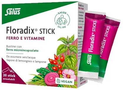 Salus Floradix Stick - Integratore di Ferro, Vitamine e Acido Folico, Supporto di Energia e Vitalità per Giovani, Sportivi - Una Confezione da 20 Stick Orosolubili