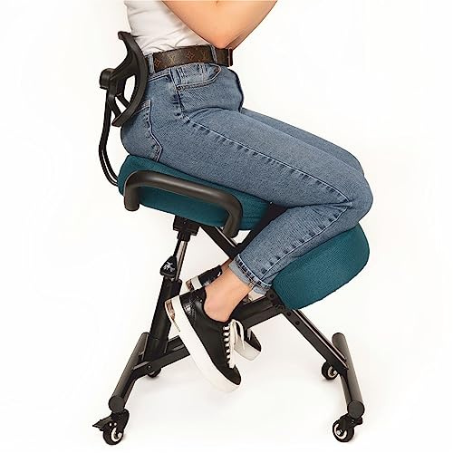 BLACK POINT O'KNEEL – Ergonomischer Kniestuhl mit Rückenlehne | Verstellbarer Kneeling Chair, Büro & Zuhause | gerade & Bequeme Haltung | Bezug aus Leinen Grau/Dunkeltürkis inklusive