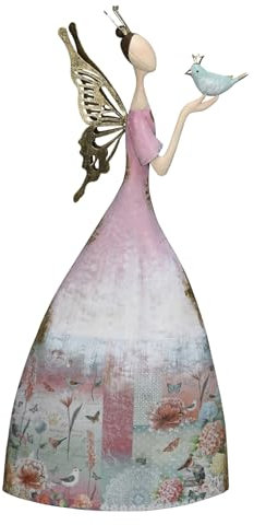 Posiwio große dekorative nostalgische Dekofigur Elfe mit goldenen Flügeln und Krone und Vögelchen Metall rosa-weiß-bunt von Hand bemalt