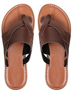 GORGLITTER Women's Leather Wide Width Sandals Dressy Cute Summer Toe Ring Slip on Slides Beach Flats Slippers Shoes Brown 8