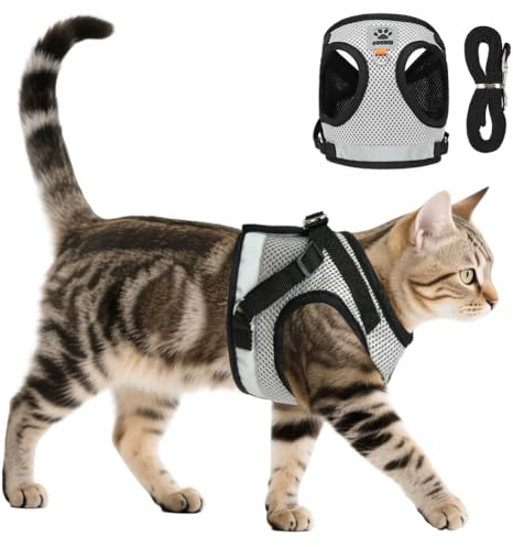 AUYAO Pettorina per Gatti– Set Antifuga Regolabile e Traspirante per Gatti Piccoli/Medi, Design Riflettente per Passeggiate Notturne, Comfortevole e Sicuro (Grigio-Nero, S)