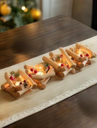 Sziqiqi Corona d'Avvento per Lumini in Legno Decorazione Natalizia: Set di 4 Portacandele con Bicchierini per Tavolo - Decorazione Vintage Piccola Corona d'Avvento