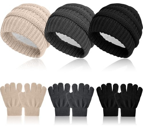 Geyoga 6 Pack Kids Winter Beanie Hat Gloves Set Boys Girls Warm Knitted Fleece Lined Pompom Hat for Children Toddler 3-8 Year(Black, Dark Gray, Beige,Trendy Style)