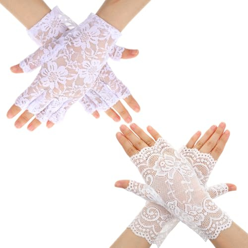 Classicseali Lot de 2 paires de gants en dentelle, blancs, sans doigts, élégants, avec motif floral, pour mariages, bals de fin d'année, goûters, dîners (blanc)