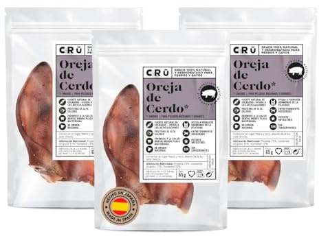 CRU - Orecchie di maiale per cani e gatti - Snack per cani naturali al 100% - Chuches per gatti che forniscono Omega 3 e promuovono la salute dentale (3 unità, orecchie di maiale)