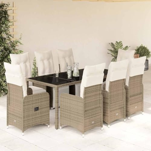 Ziaphsol Ensemble bistro de jardin 9 pièces avec coussins marron en polyrotin - Chaises réglables - Table en verre - Résistant aux UV - Pour balcon et terrasse
