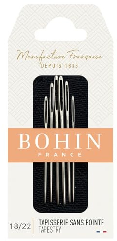 BOHIN France Ensemble d'Aiguilles à Assortiment Tapisserie - Aiguilles à Pointe Ronde en Acier, Plaqué Nickel pour Broderie et Couture, N°18-22 - 6 Aiguilles