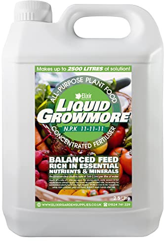 Elixir Gardens Liquid Growmore Concentrate | N.P.K 11-11-11 | 1-10 Litre Bottles Available | Vegetable, Fruit & Flower Food/Plant Fertiliser | 2.5 L Bottle - Makes up to 2500L