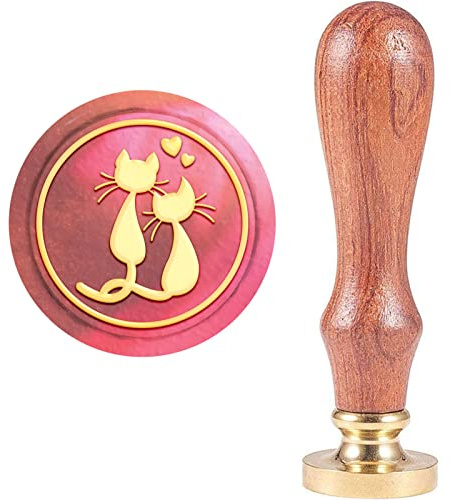 craspire Tampon de Cire à Cacheter en Forme de Chats d'amour, Tampons de Cire à Cacheter pour la Saint-Valentin, Tampon en Bois Rétro Animal, Sceau de Cire Amovible en Laiton, Poignée en Bois