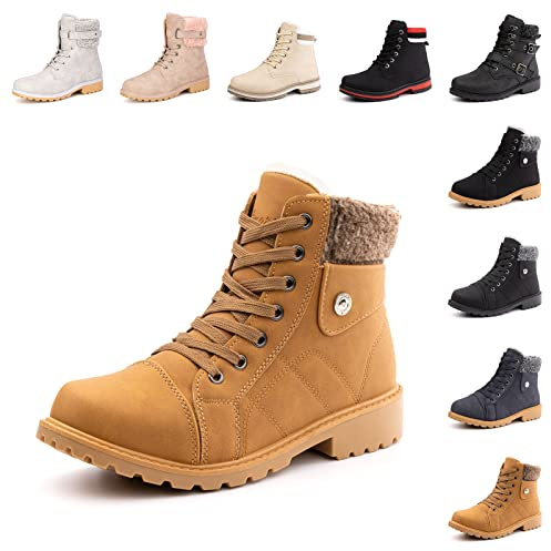 Hitmars Botas Mujer Invierno Calientes Botas Nieve Forradas Cortas Botines Planas Bajas Zapatos Invierno Antideslizantes Comodo Marrón 38 EU